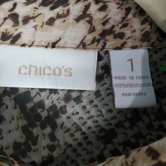 Chicos Womens Sheer Snake Animal Print Fringe Button Up Blouse Size 1 Medium - Picture 3 of 5